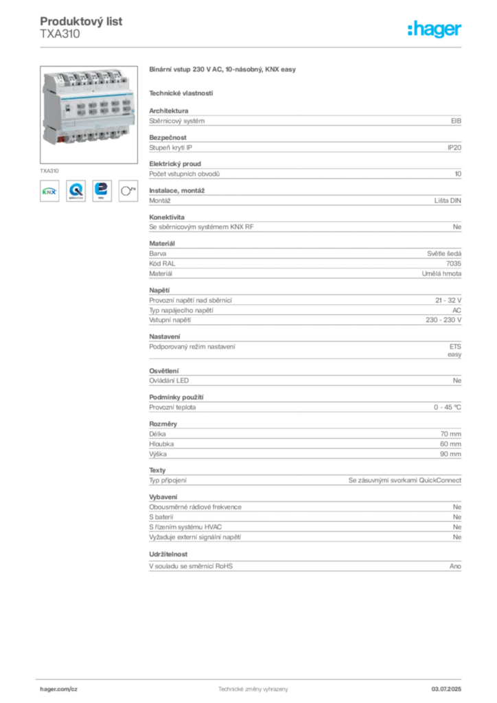 Obrázek Hager Produktový list TXA310 | Hager