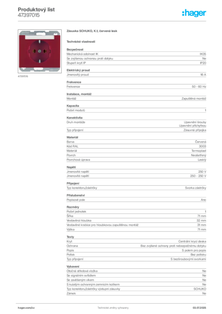 Obrázek Hager Produktový list 47397015 | Hager