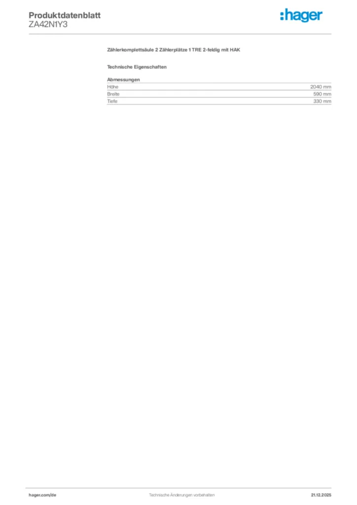 Bild Hager Produktdatenblatt ZA42N1Y3 | Hager Deutschland