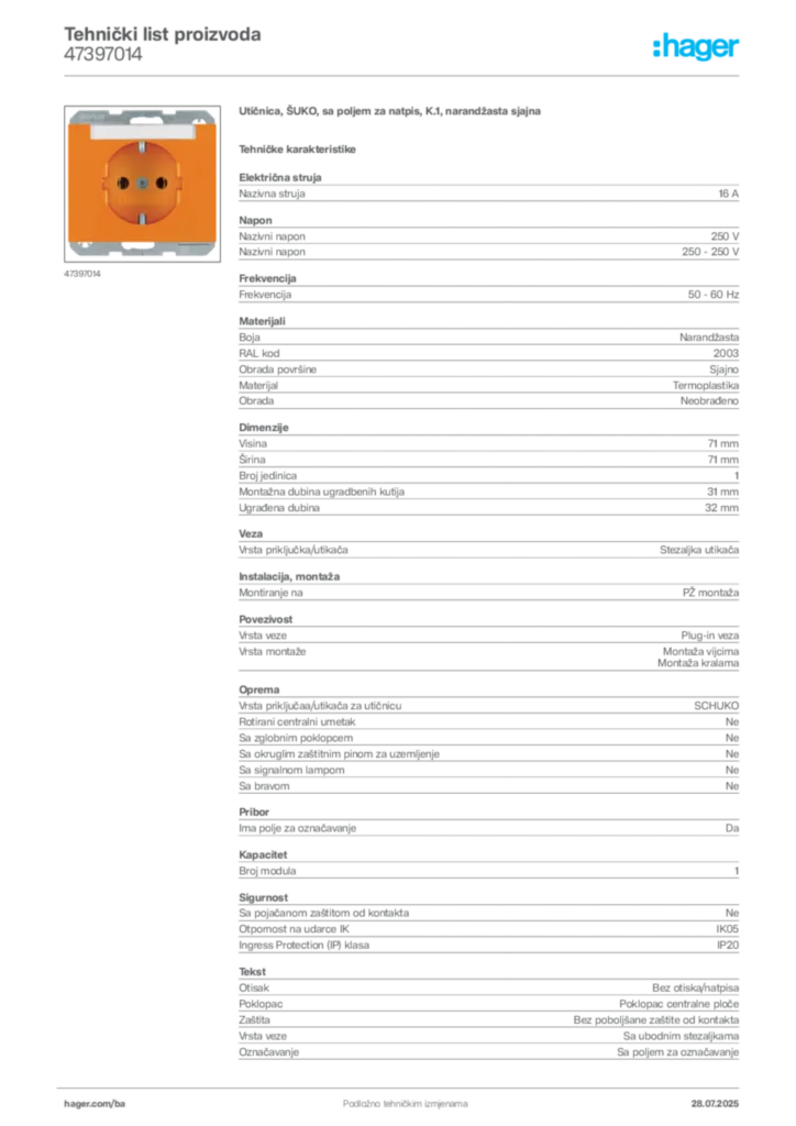 Slika Hager Product data sheet 47397014  | Hager