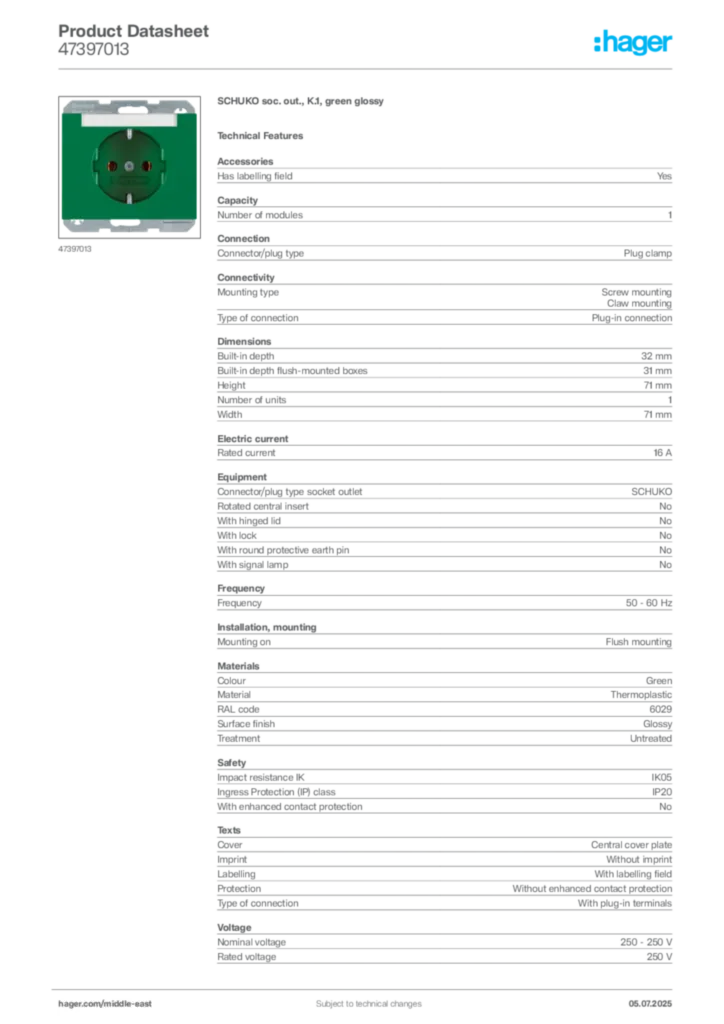 Image Hager Product data sheet 47397013  | Hager