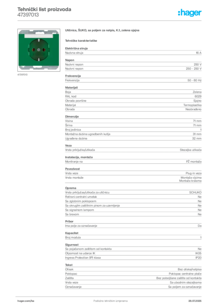Slika Hager Product data sheet 47397013  | Hager
