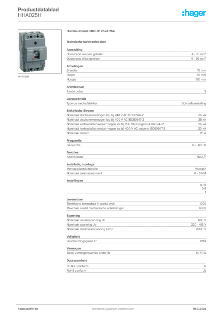 Afbeelding Hager Productdatablad HHA025H | Hager Belgium