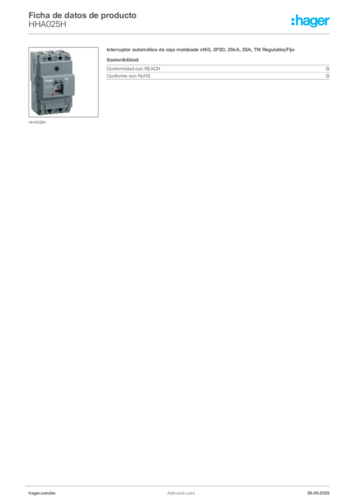 Imagen Hager Ficha de datos de producto HHA025H | Hager España