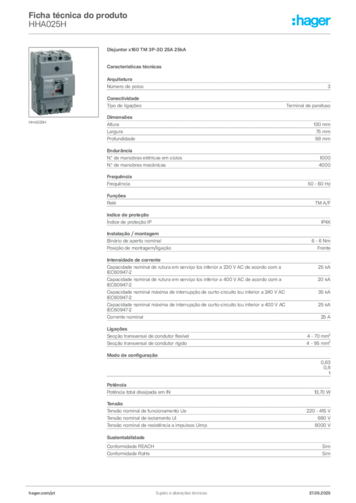 Imagem Hager Ficha técnica do produto HHA025H | Hager Portugal