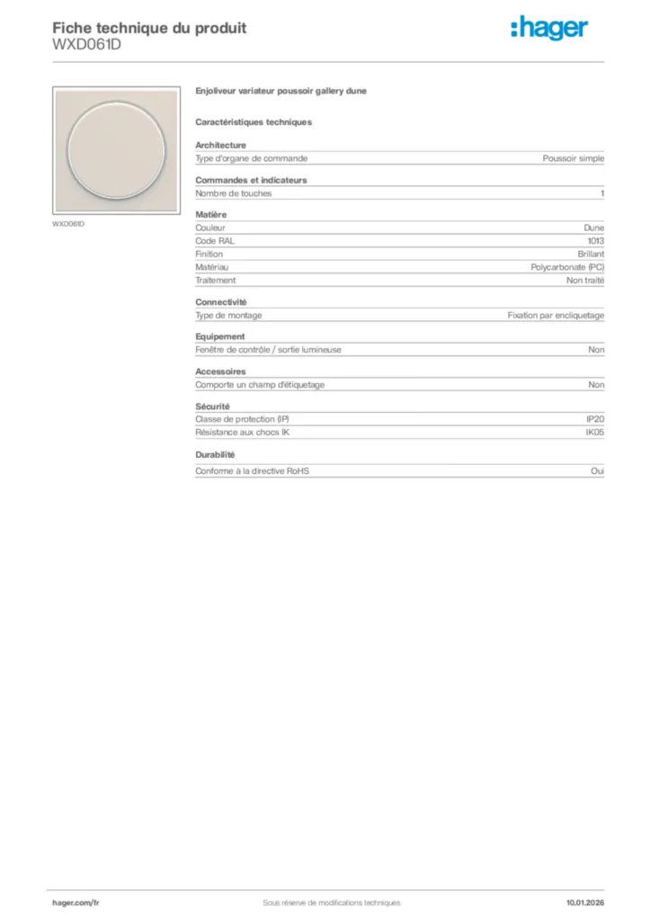 Image Hager Fiche technique du produit WXD061D | Hager France