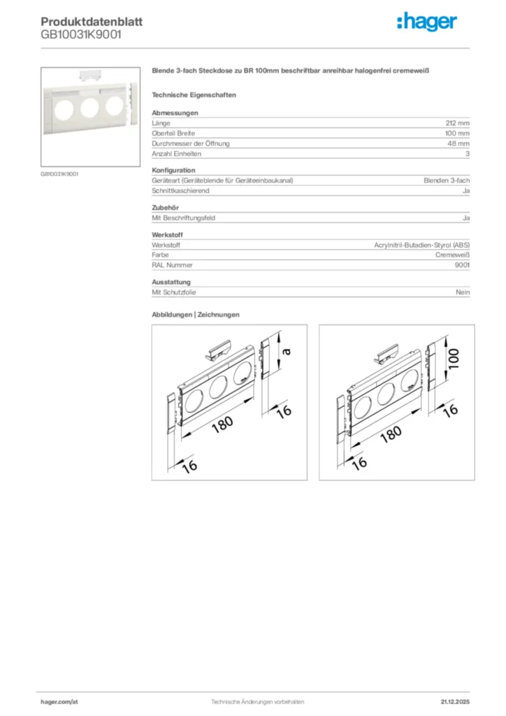 Bild Hager Produktdatenblatt GB10031K9001 | Hager Deutschland