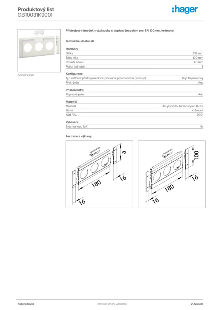 Obrázek Hager Produktový list GB10031K9001 | Hager