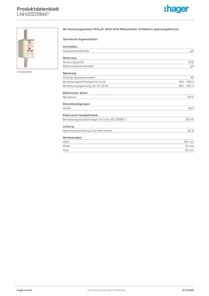 Bild Hager Produktdatenblatt LNH20231M4T | Hager Deutschland