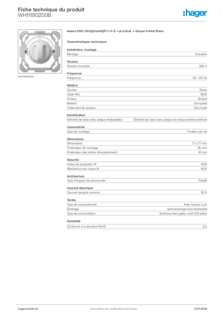 Image Hager Fiche technique du produit WH11180200B | Hager Suisse