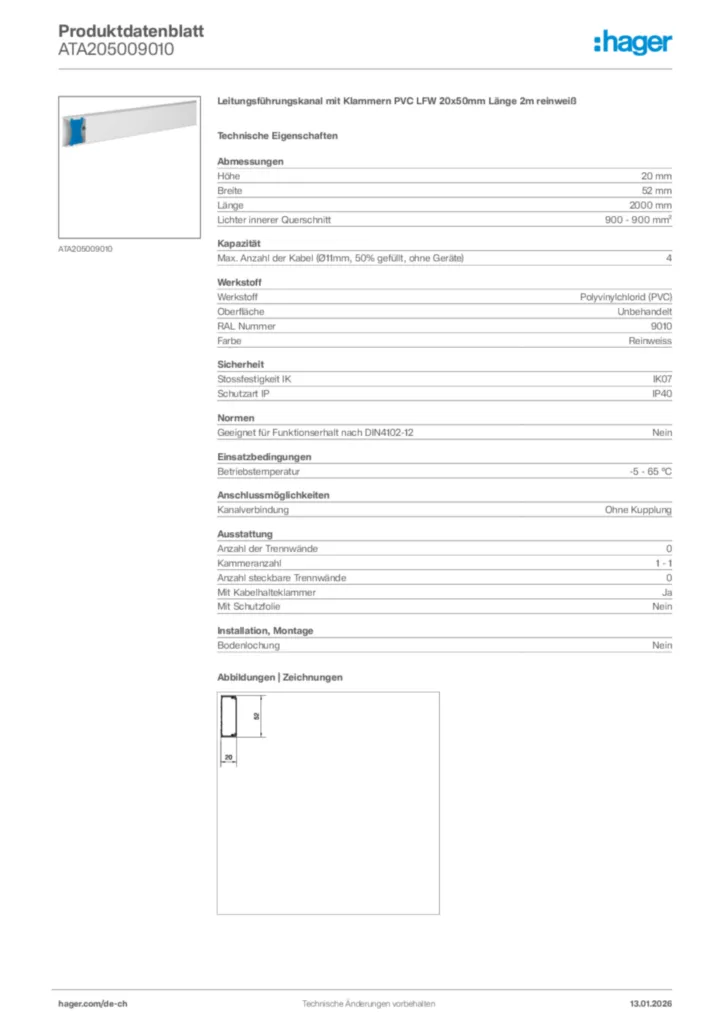 Bild Hager Produktdatenblatt ATA205009010 | Hager Schweiz