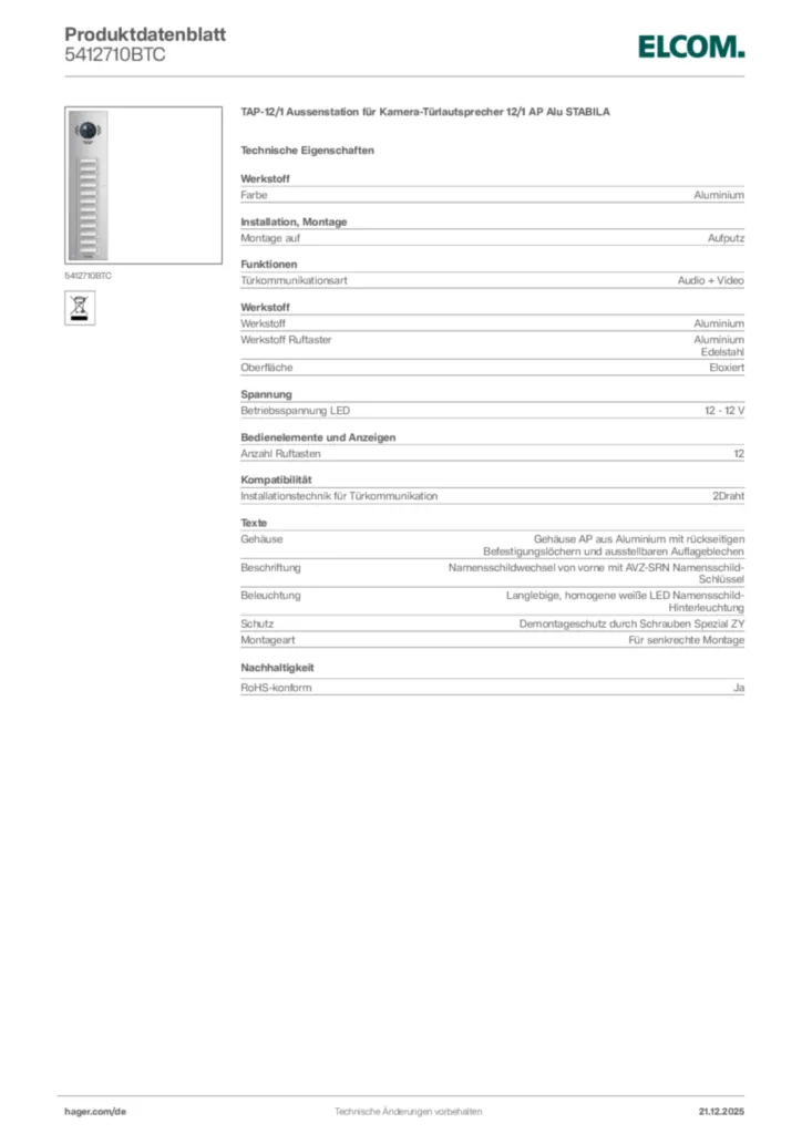 Bild Elcom Produktdatenblatt 5412710BTC | Hager Deutschland