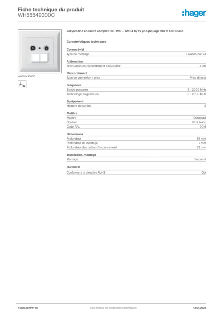Image Hager Fiche technique du produit WH55549300C | Hager Suisse