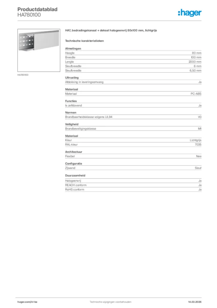 Afbeelding Hager Productdatablad HA780100 | Hager Belgium