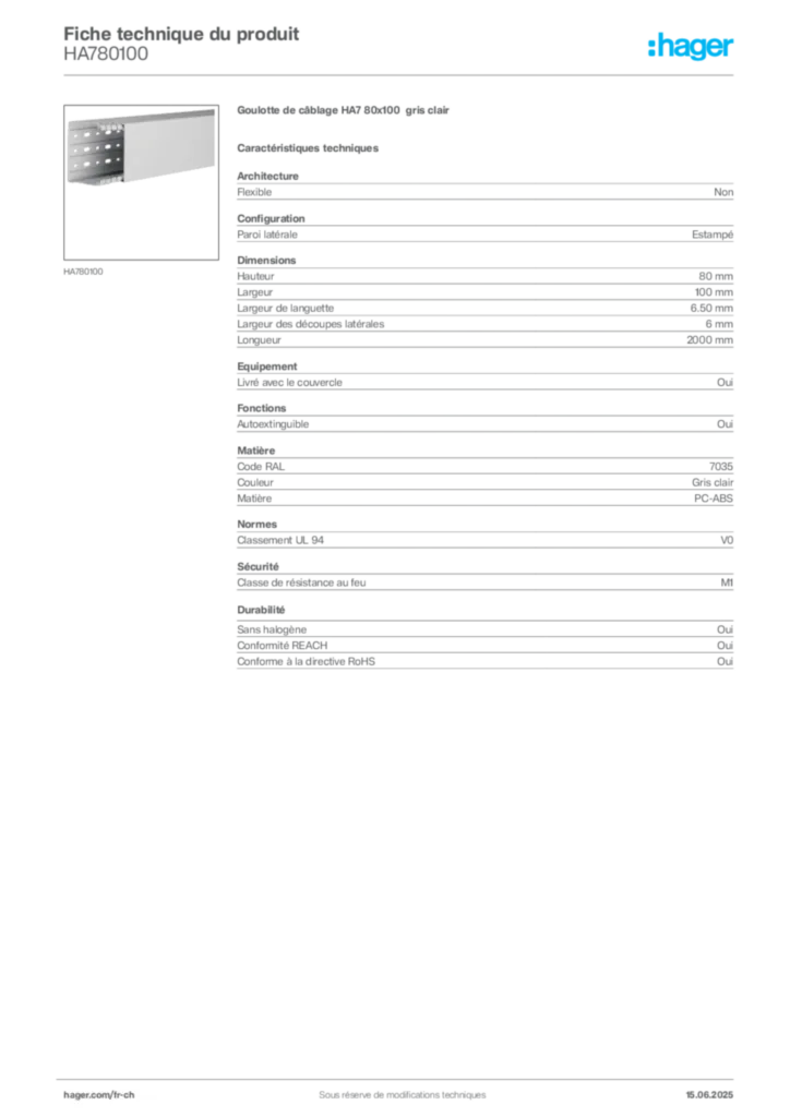 Image Hager Fiche technique du produit HA780100 | Hager Suisse