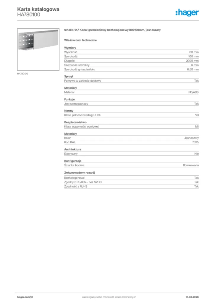 Zdjęcie Hager Karta katalogowa HA780100 | Hager Polska