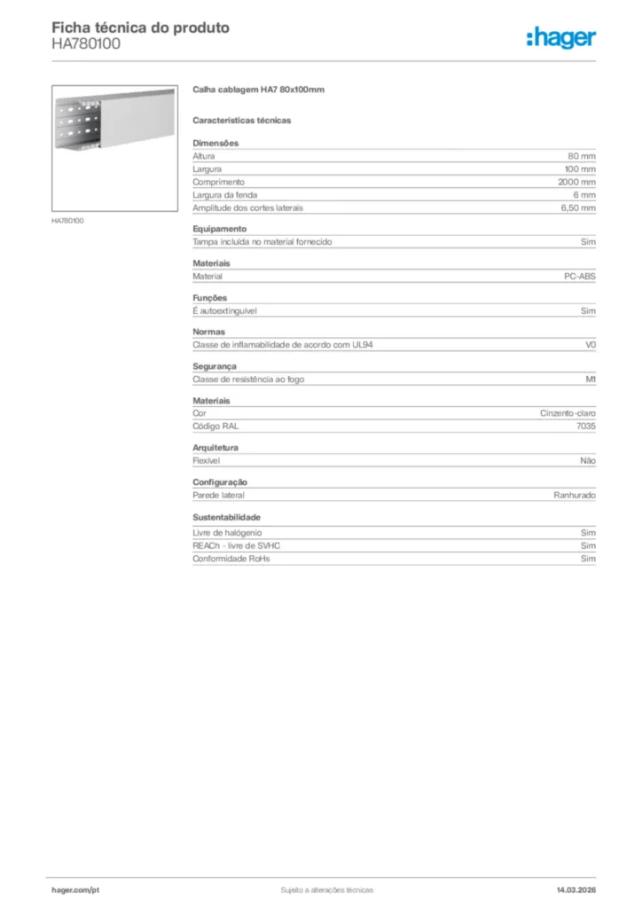 Imagem Hager Ficha técnica do produto HA780100 | Hager Portugal