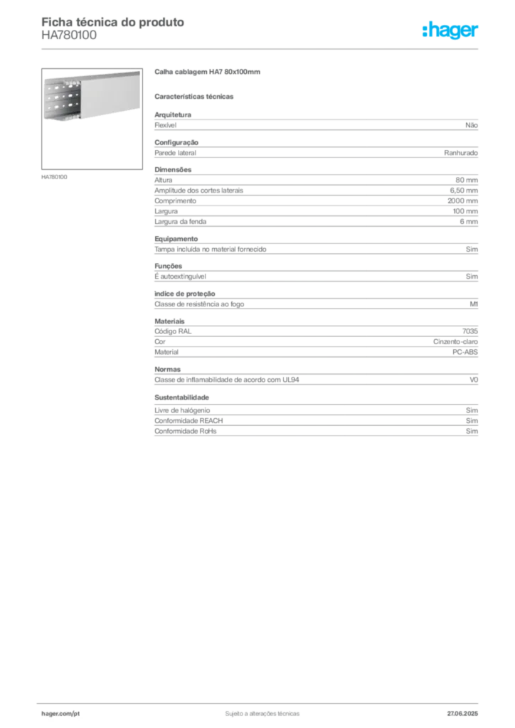 Imagem Hager Ficha técnica do produto HA780100 | Hager Portugal