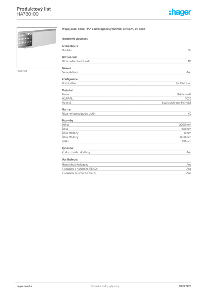 Obrázek Hager Produktový list HA780100 | Hager