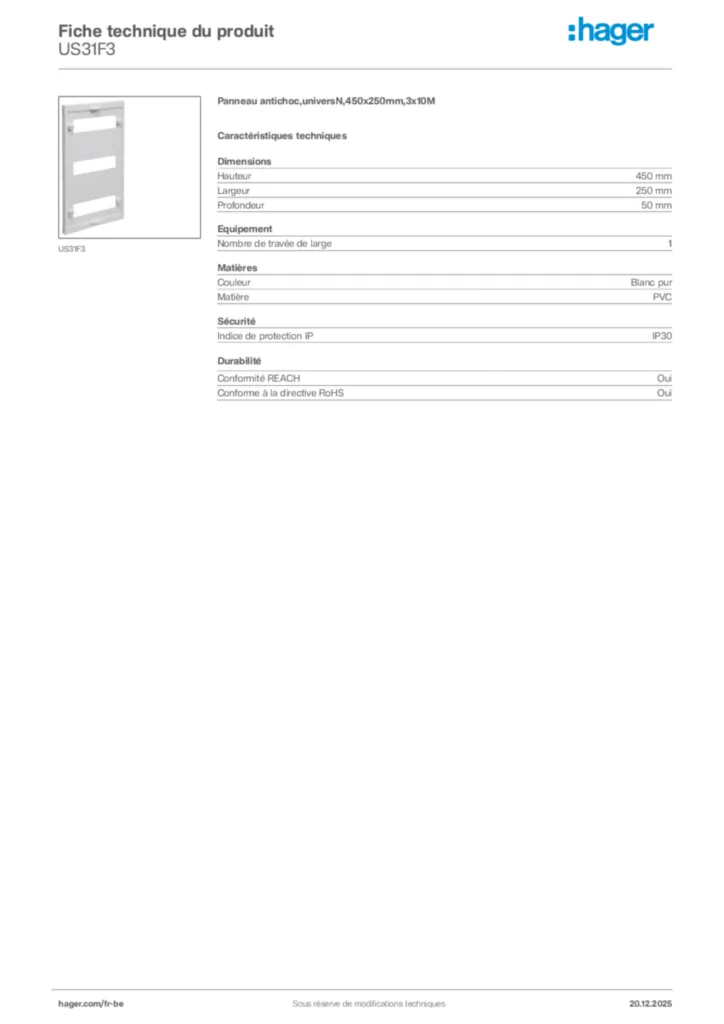 Image Hager Fiche technique du produit US31F3 | Hager Belgique