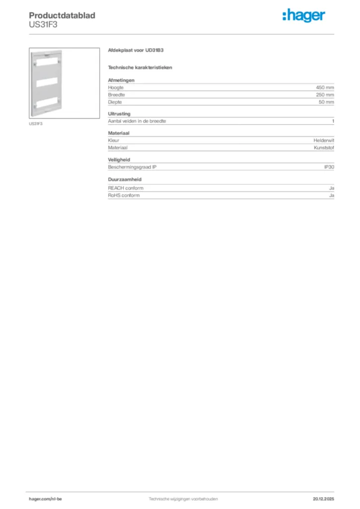 Afbeelding Hager Productdatablad US31F3 | Hager Belgium