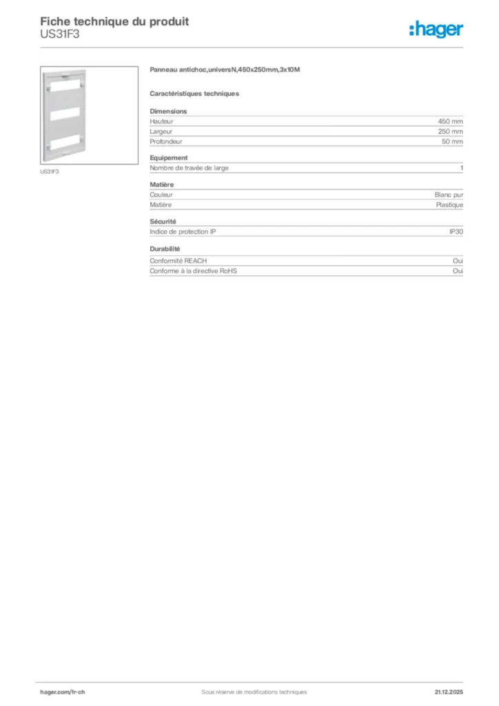 Image Hager Fiche technique du produit US31F3 | Hager Suisse