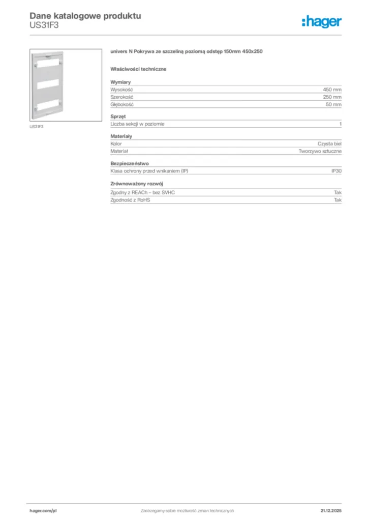 Zdjęcie Hager Dane katalogowe produktu US31F3 | Hager Polska