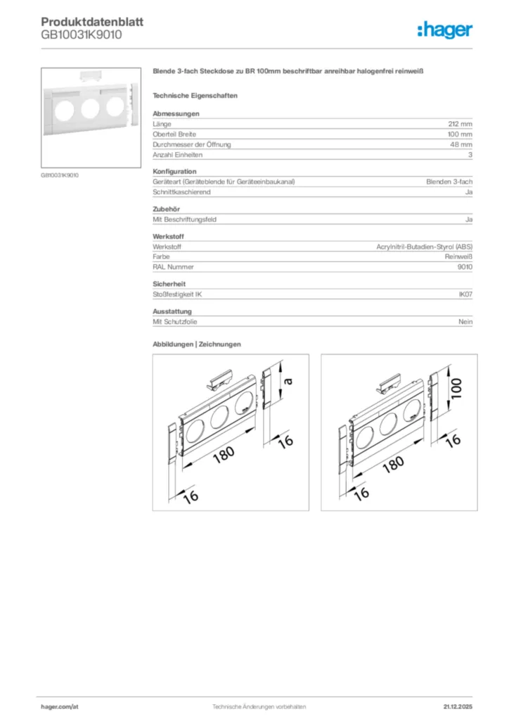 Bild Hager Produktdatenblatt GB10031K9010 | Hager Deutschland