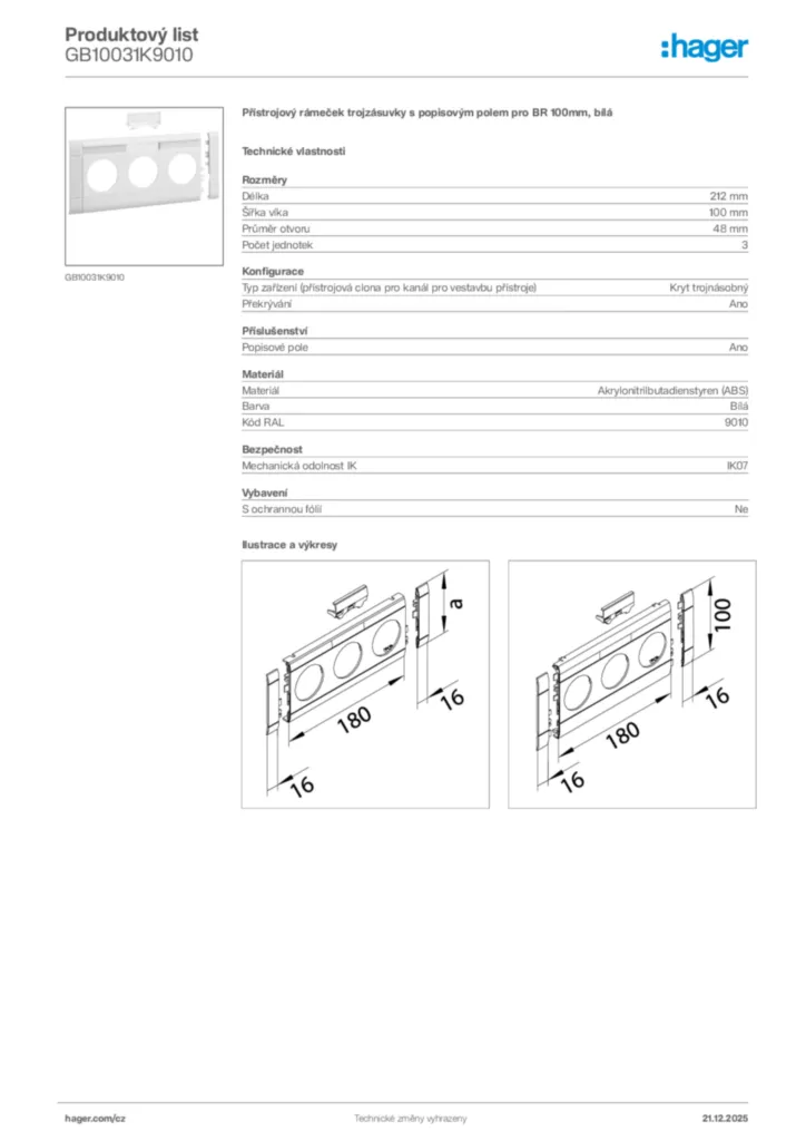 Obrázek Hager Produktový list GB10031K9010 | Hager
