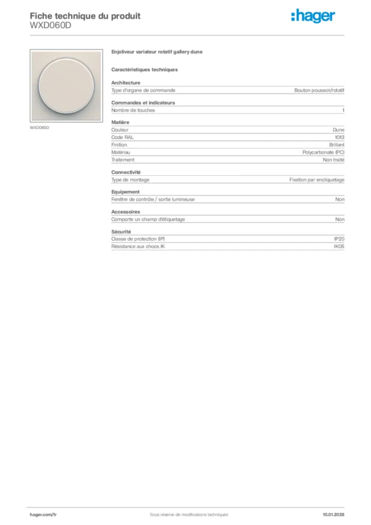 Image Hager Fiche technique du produit WXD060D | Hager France