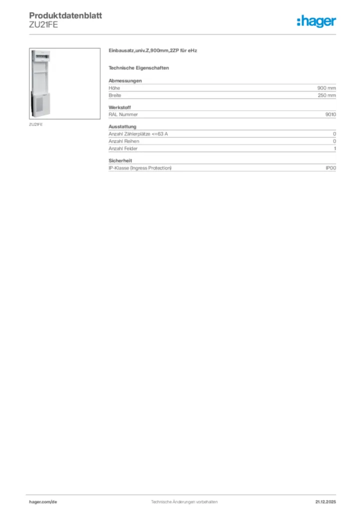 Bild Hager Produktdatenblatt ZU21FE | Hager Deutschland