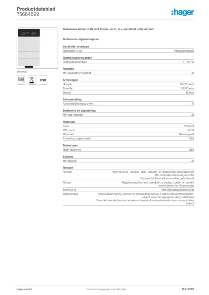 Afbeelding Hager Productdatablad 75664699 | Hager Nederland