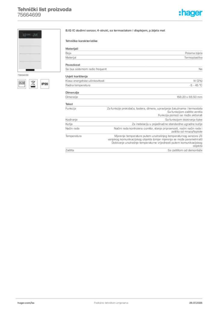 Slika Hager Product data sheet 75664699  | Hager