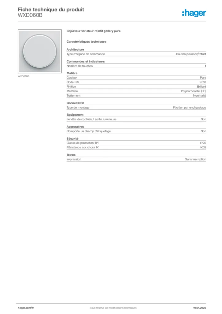 Image Hager Fiche technique du produit WXD060B | Hager France