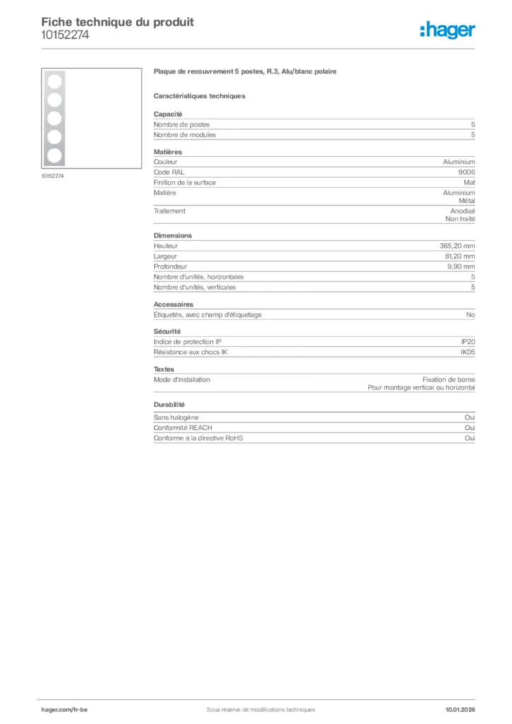 Image Hager Fiche technique du produit 10152274 | Hager Belgique
