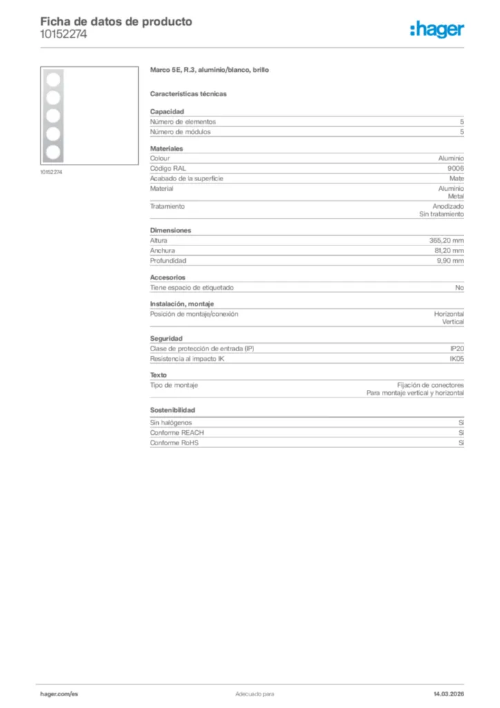 Imagen Hager Ficha de datos de producto 10152274 | Hager España