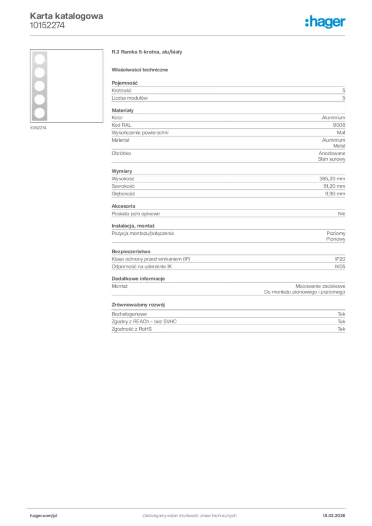 Zdjęcie Hager Karta katalogowa 10152274 | Hager Polska