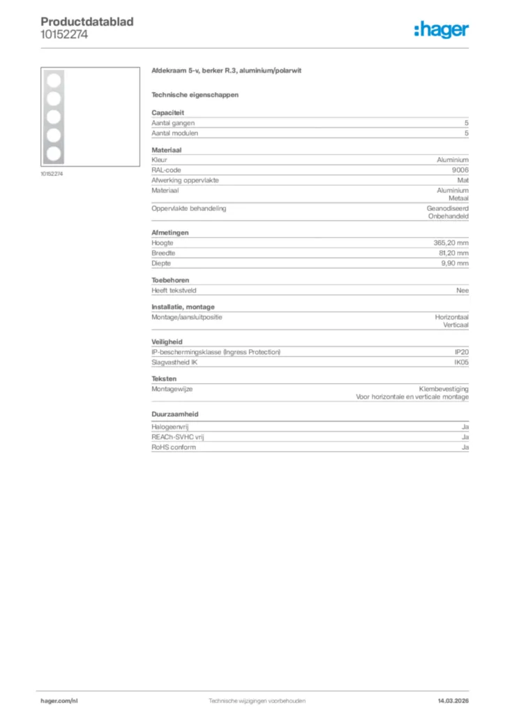 Afbeelding Hager Productdatablad 10152274 | Hager Nederland