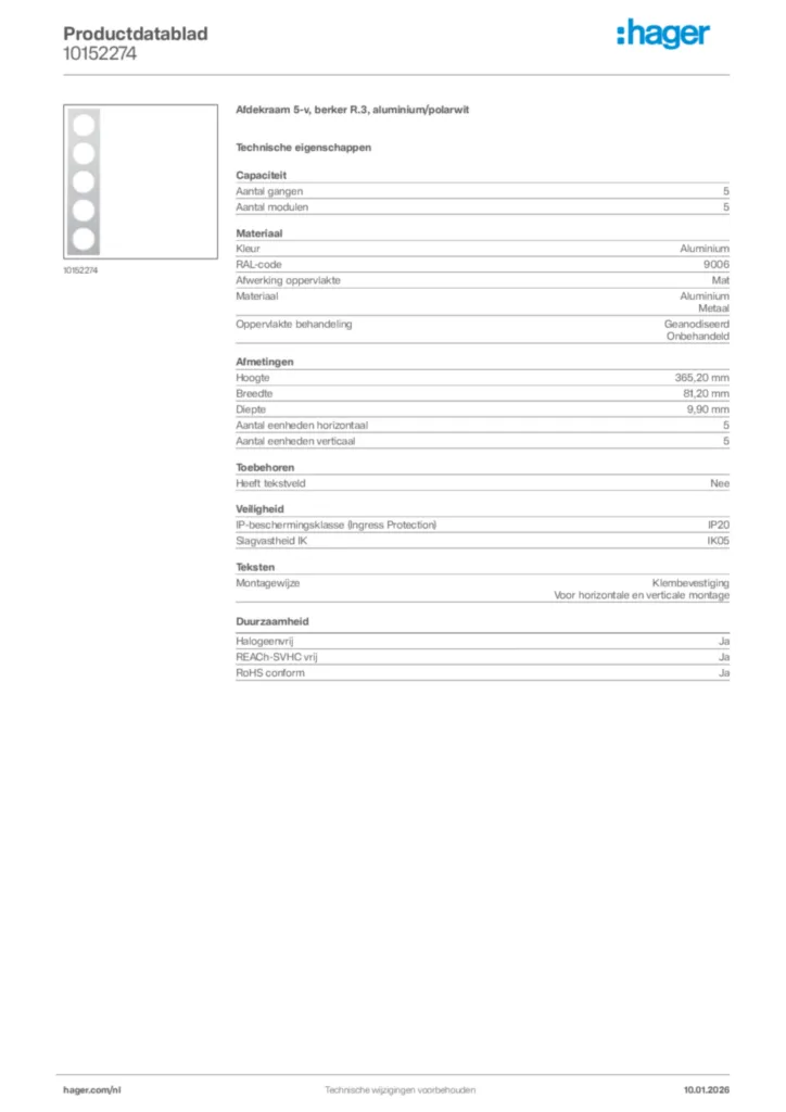 Afbeelding Hager Productdatablad 10152274 | Hager Nederland