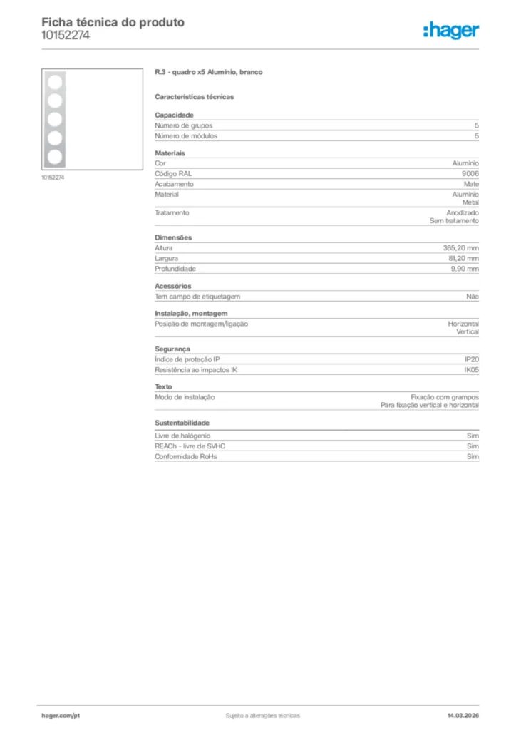 Imagem Hager Ficha técnica do produto 10152274 | Hager Portugal