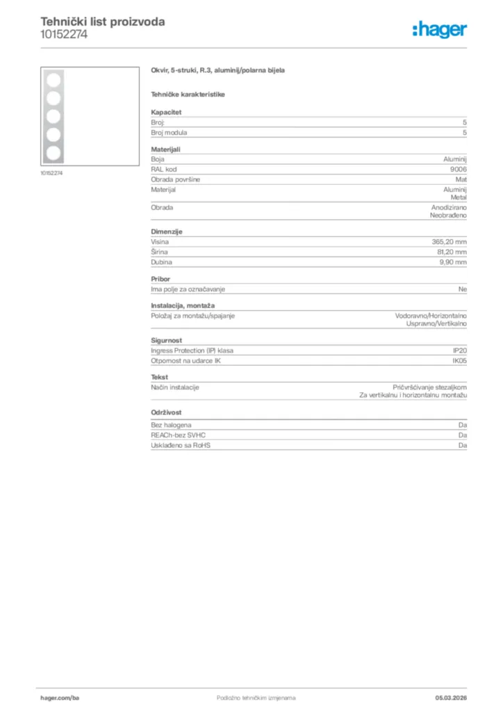 Slika Hager Tehnički list proizvoda 10152274  | Hager