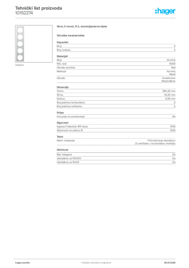 Slika Hager Product data sheet 10152274  | Hager