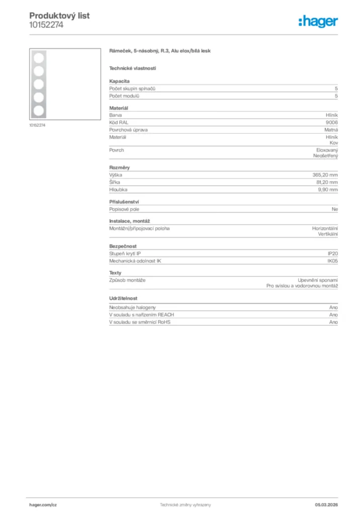 Obrázek Hager Product data sheet 10152274 | Hager