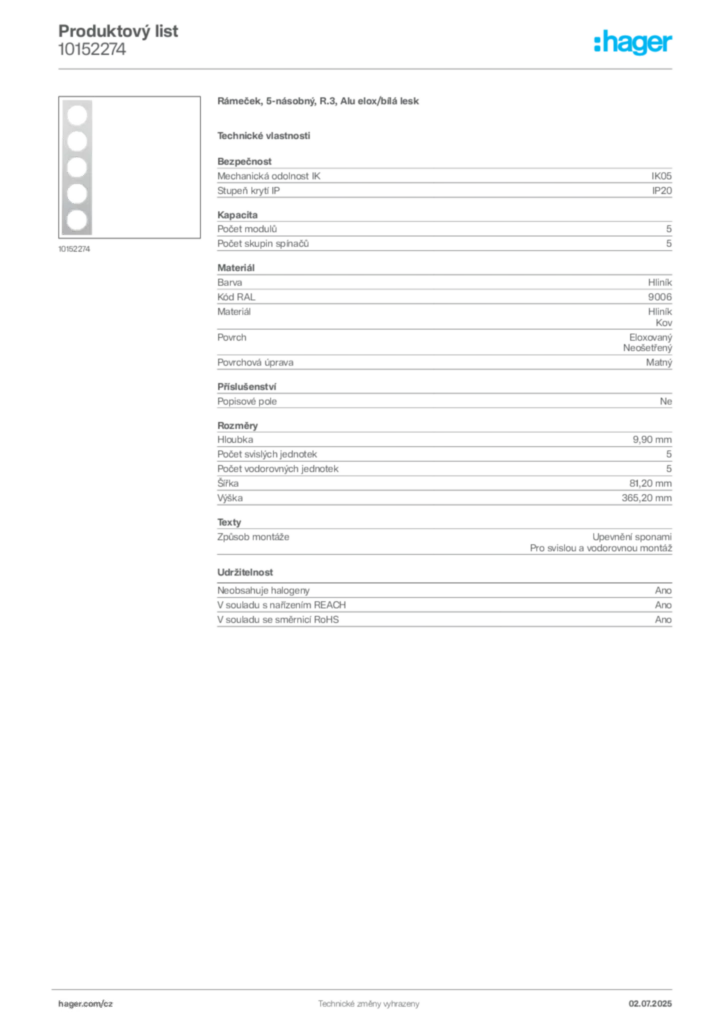 Obrázek Hager Produktový list 10152274 | Hager