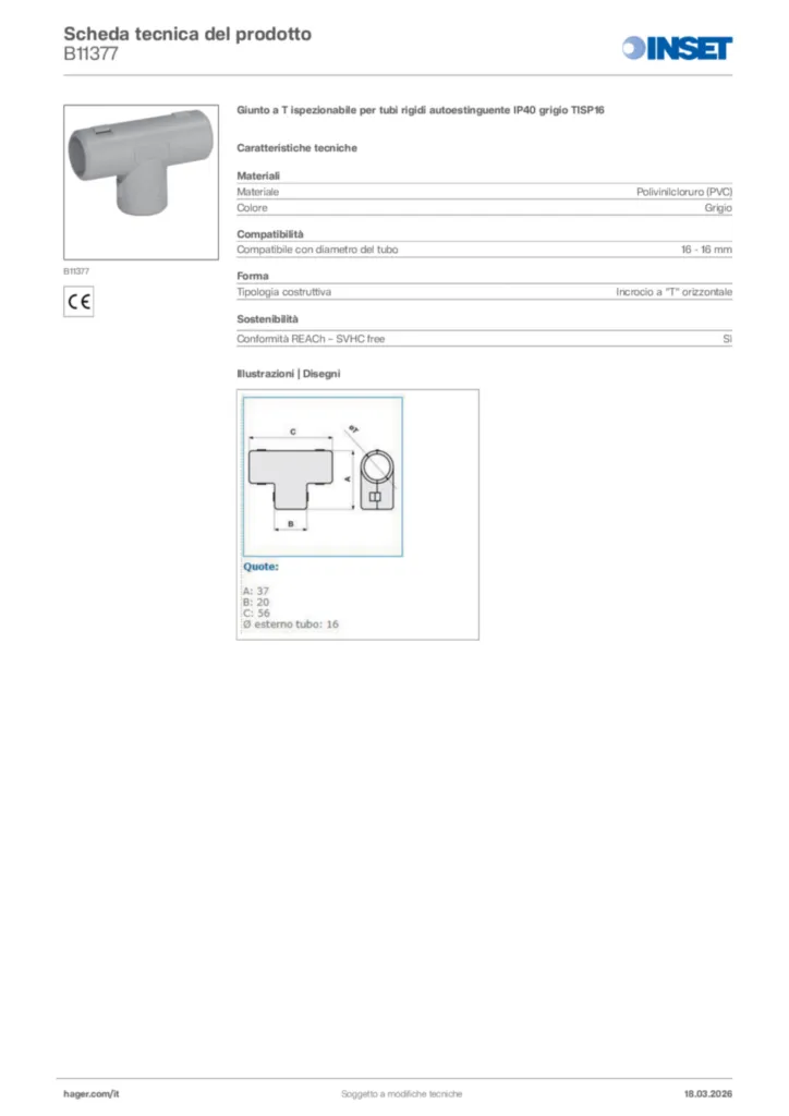 Immagine Inset Scheda tecnica del prodotto B11377 | Hager Italia