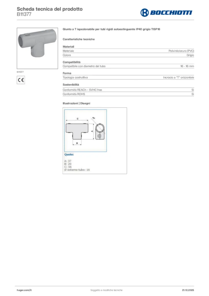Immagine Bocchiotti Scheda tecnica del prodotto B11377 | Hager Italia