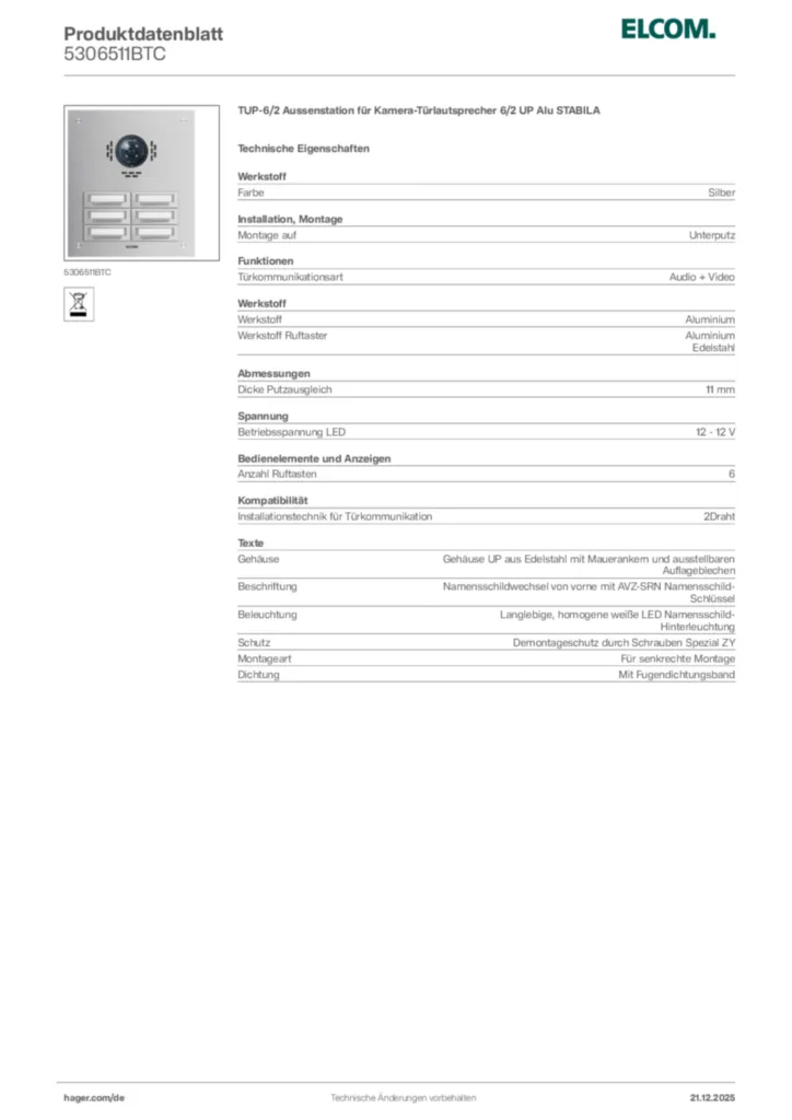 Bild Elcom Produktdatenblatt 5306511BTC | Hager Deutschland