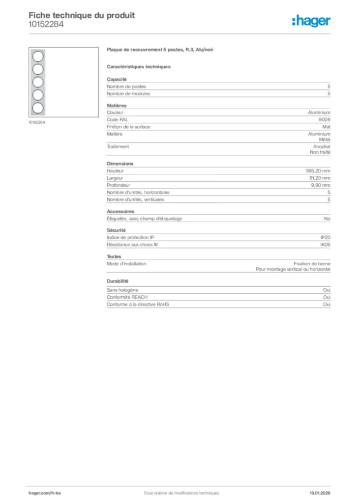 Image Hager Fiche technique du produit 10152284 | Hager Belgique