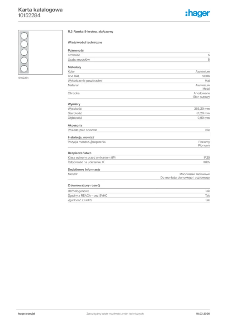 Zdjęcie Hager Karta katalogowa 10152284 | Hager Polska