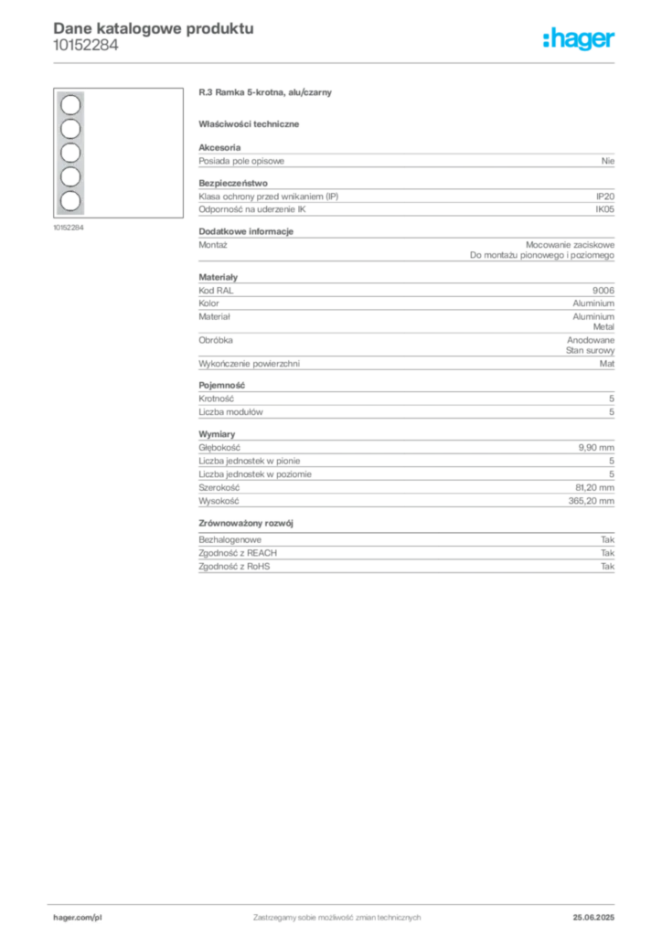 Zdjęcie Hager Dane katalogowe produktu 10152284 | Hager Polska